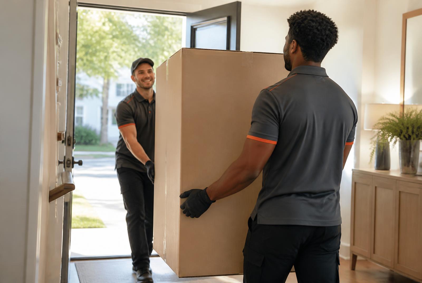OLO Delivery crew carrying a boxed appliance into a bright home entryway